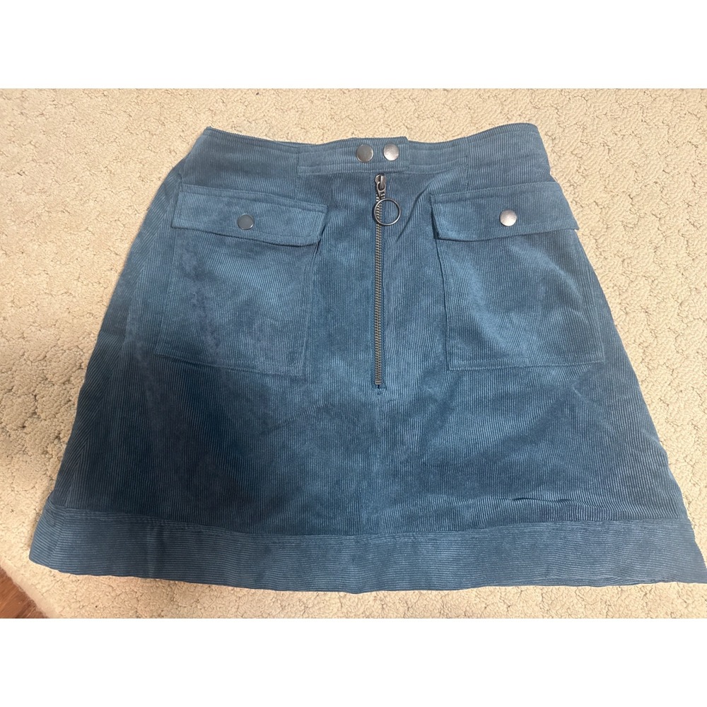 Finders Teal Blue Corduroy Mini Skirt Front Zip Utility Pockets XS